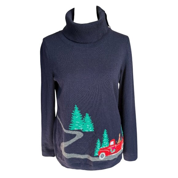 Talbots Petites dark blue long sleeve pullover turtleneck Christmas sweater SP - Picture 1 of 10